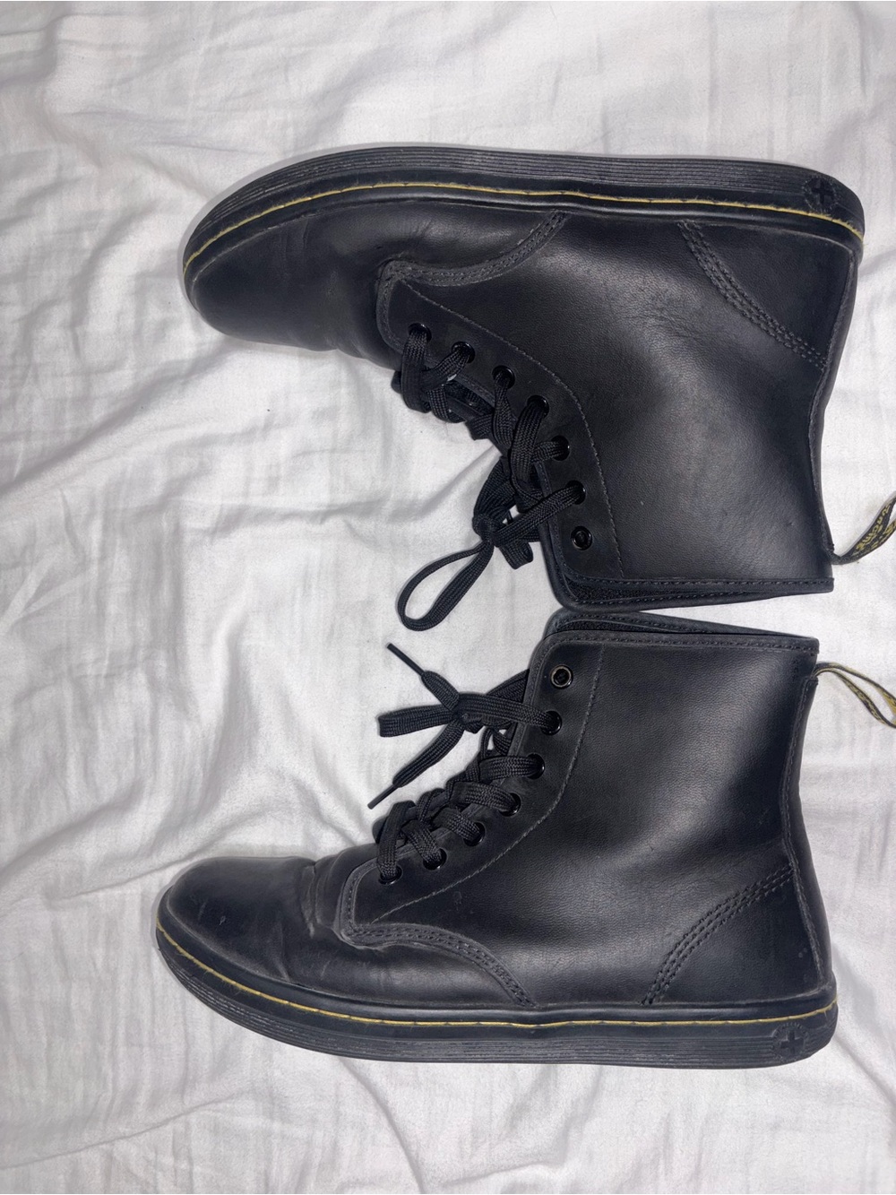 Dr. Martens Black Lace-Up Leather Combat Boots with Yellow Welt Stitch